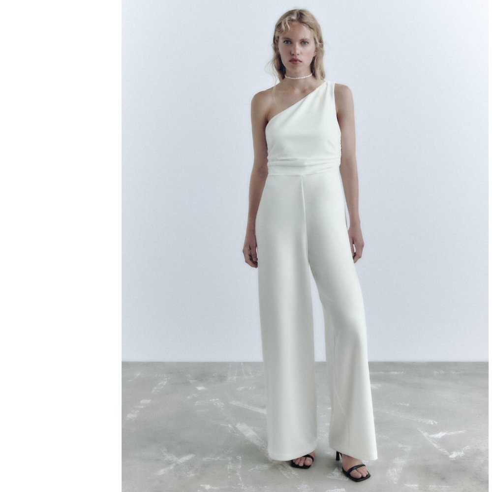 ZARA Stretchy One Shoulder White Asymmetric Pleated Jumpsuit